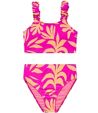 Beach Lingo Big Girl Printed Long Sleeve Puff Strap Crop And High Waist Bottom 2-Piece Swimsuit