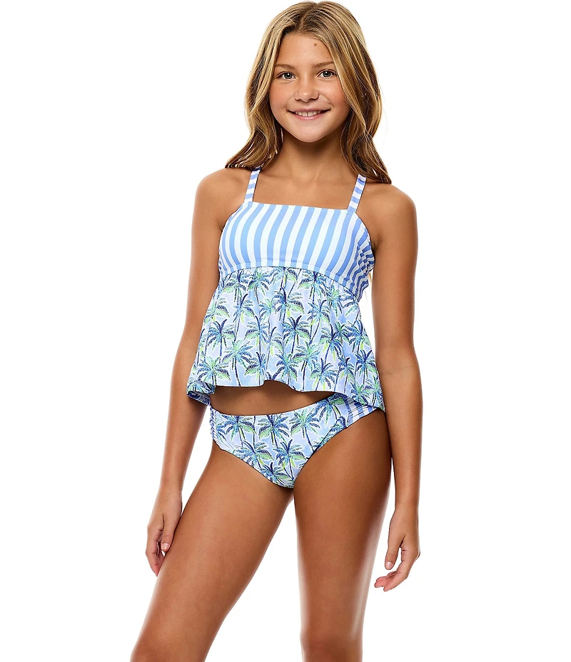 Beach Lingo Big Girl Stripe & Palm Tankini With Matching Hipster 2-Piece Swimsuit Set