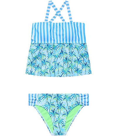 Beach Lingo Big Girl Stripe & Palm Tankini With Matching Hipster 2-Piece Swimsuit Set