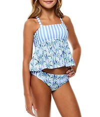 Beach Lingo Big Girl Stripe & Palm Tankini With Matching Hipster 2-Piece Swimsuit Set