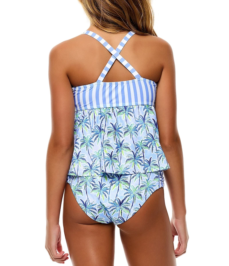 Beach Lingo Big Girl Stripe & Palm Tankini With Matching Hipster 2-Piece Swimsuit Set