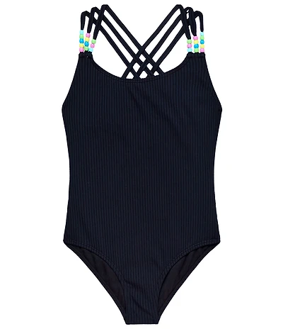 Beach Lingo Big Girls Sleeveless Pony Bead Strap Accent One-Piece Tank Swimsuit