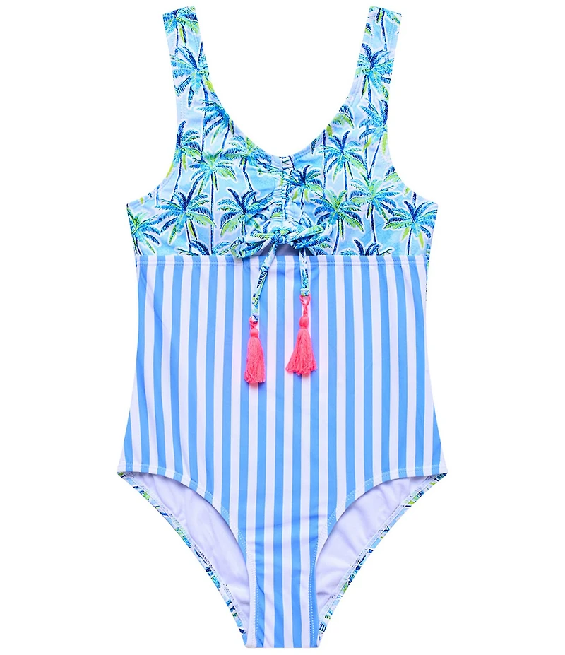 Beach Lingo Big Girls Palm Print & Stripe Cinch Bra Cutout One-Piece Swimsuit