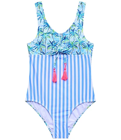 Beach Lingo Big Girls Palm Print & Stripe Cinch Bra Cutout One-Piece Swimsuit