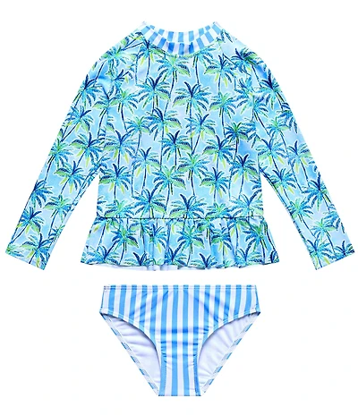 Beach Lingo Little Girl Long Sleeve Rashguard With Ruffle Waist And Hipster Bottom Palm Paradise 2 Piece Swimsuit