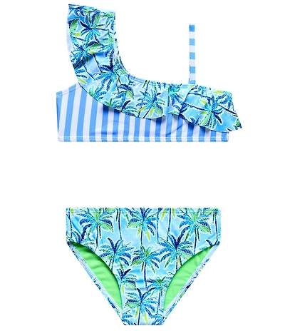 Beach Lingo Little Girl Striped Asymmetrical Ruffle Bra And Hipster Bottom Palm Paradise Two Piece Swimsuit