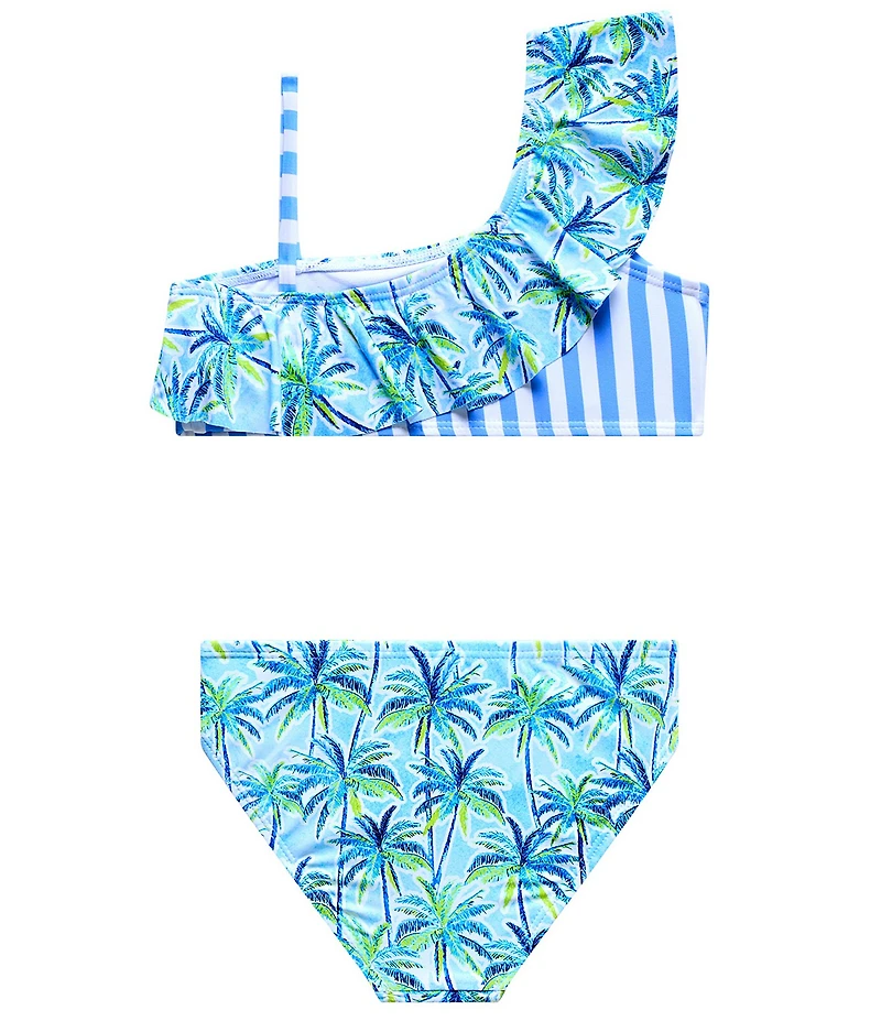Beach Lingo Little Girl Striped Asymmetrical Ruffle Bra And Hipster Bottom Palm Paradise Two Piece Swimsuit
