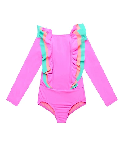 Beach Lingo Little Girls Long Sleeve Colorblock Ruffle Detail One-Piece Swimsuit