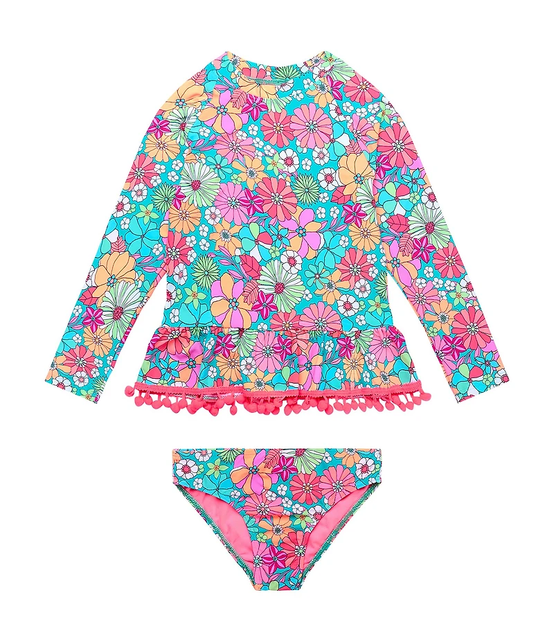 Beach Lingo Little Girls Long Sleeve Crewneck Raglan Top & Hipster 2-Piece Swimsuit