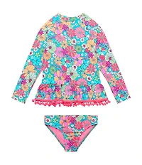 Beach Lingo Little Girls Long Sleeve Crewneck Raglan Top & Hipster 2-Piece Swimsuit