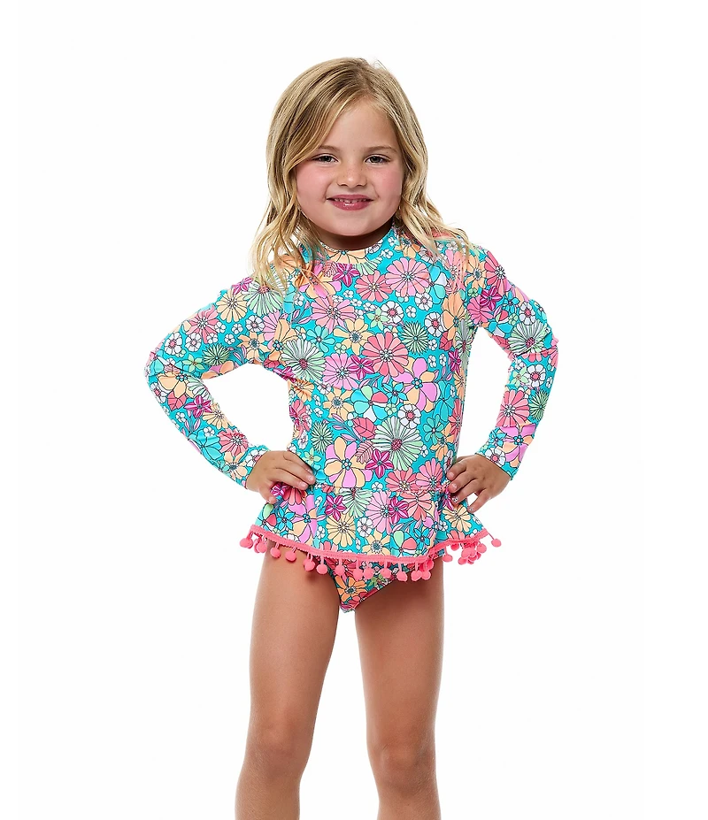 Beach Lingo Little Girls Long Sleeve Crewneck Raglan Top & Hipster 2-Piece Swimsuit