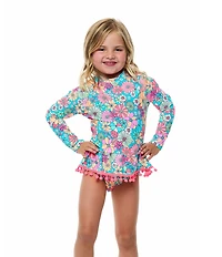 Beach Lingo Little Girls Long Sleeve Crewneck Raglan Top & Hipster 2-Piece Swimsuit