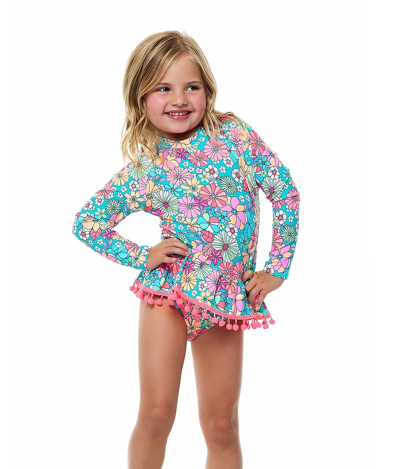 Beach Lingo Little Girls Long Sleeve Crewneck Raglan Top & Hipster 2-Piece Swimsuit