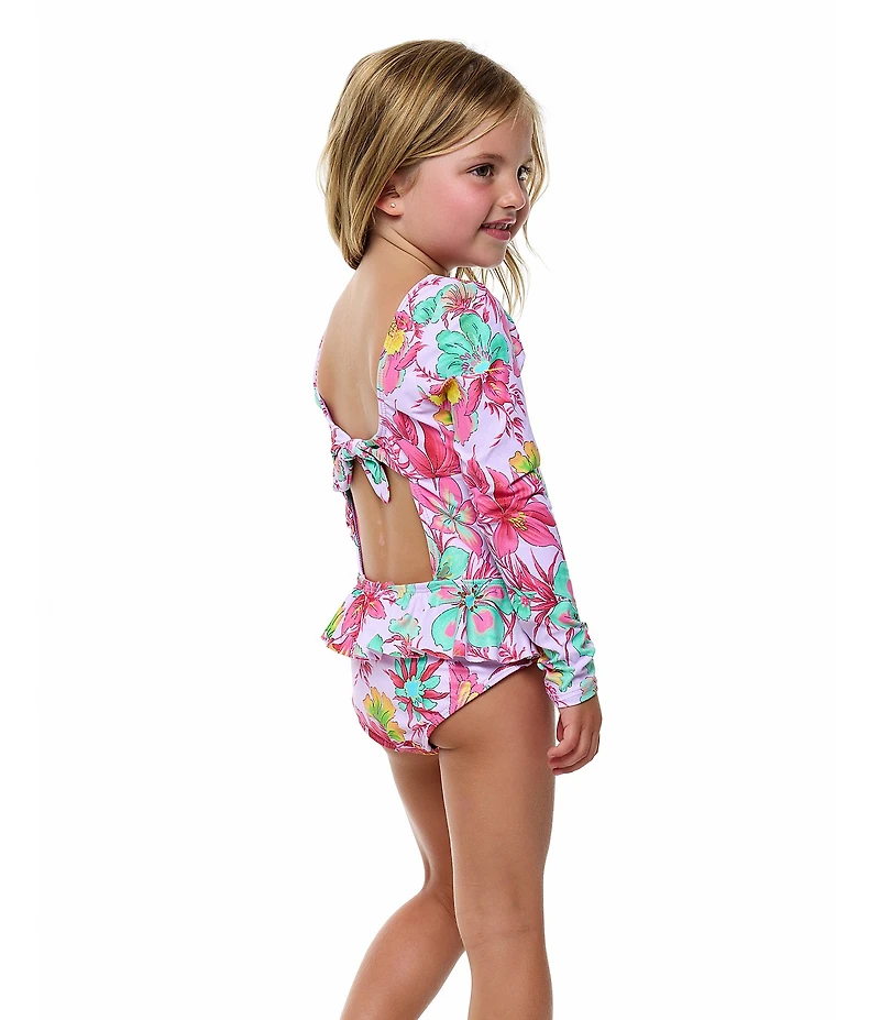 Beach Lingo Little Girls Long Sleeve Open Back Ruffle Detail One-Piece Swimsuit