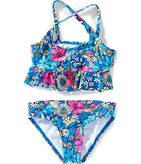Beach Lingo Little Girls Floral Print Cross Strap Ruffle Bralette & Hipster Two Piece Swimsuit