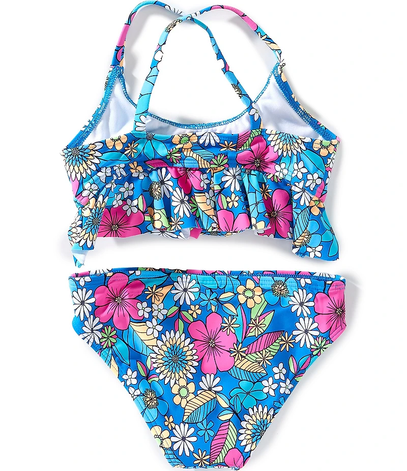 Beach Lingo Little Girls Floral Print Cross Strap Ruffle Bralette & Hipster Two Piece Swimsuit