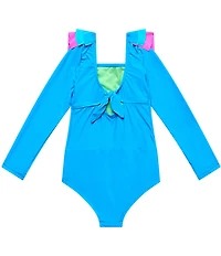 Beach Lingo Little Girls Long Sleeve Ruffle Trim Tie At The Back One-Piece Swimsuit