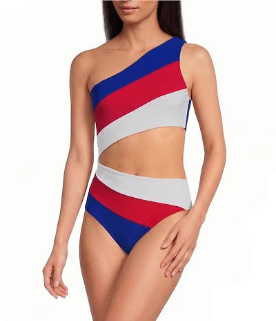 Beach Riot Joyce Ribbed One Shoulder Color Block One Piece Swimsuit