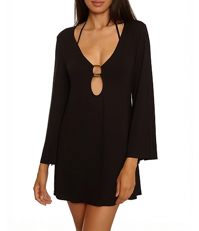 Becca By Rebecca Virtue Beach To BBQ Gold Buckle Plunge Tunic Swim Cover-Up