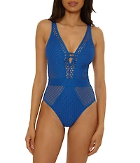 Becca By Rebecca Virtue Castaway Sheer Fishnet Plunge Neck One Piece Swimsuit