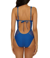 Becca By Rebecca Virtue Castaway Sheer Fishnet Plunge Neck One Piece Swimsuit
