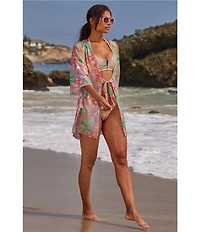 Becca By Rebecca Virtue Coral Reef Sheer knit Tie Front Kimono Swim Cover-Up