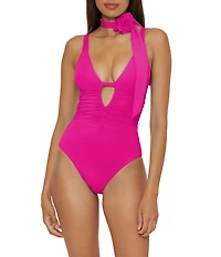 Becca By Rebecca Virtue Garden of Eden Magnolia Plunge Shirred One Piece Swimsuit
