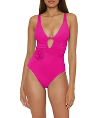 Becca By Rebecca Virtue Garden of Eden Magnolia Plunge Shirred One Piece Swimsuit