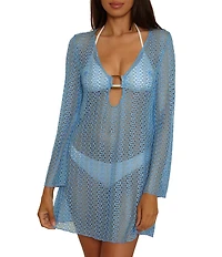 Becca By Rebecca Virtue Golden Plunge Crochet Metallic Lace Tunic Swim Cover-Up