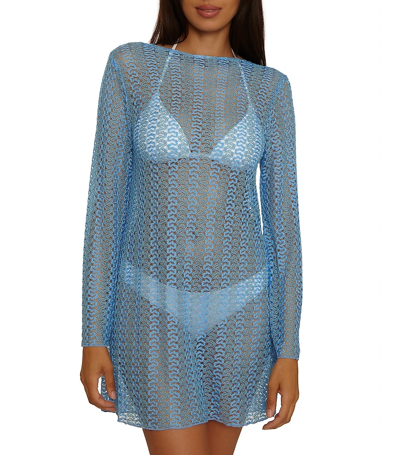 Becca By Rebecca Virtue Golden Plunge Crochet Metallic Lace Tunic Swim Cover-Up