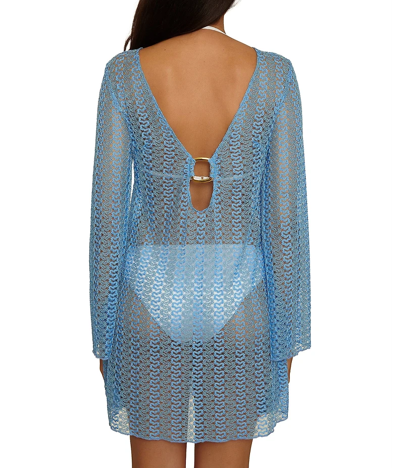 Becca By Rebecca Virtue Golden Plunge Crochet Metallic Lace Tunic Swim Cover-Up