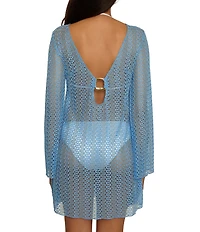 Becca By Rebecca Virtue Golden Plunge Crochet Metallic Lace Tunic Swim Cover-Up