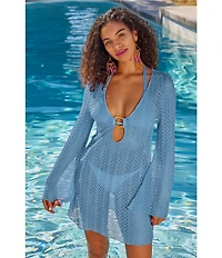 Becca By Rebecca Virtue Golden Plunge Crochet Metallic Lace Tunic Swim Cover-Up