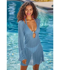 Becca By Rebecca Virtue Golden Plunge Crochet Metallic Lace Tunic Swim Cover-Up