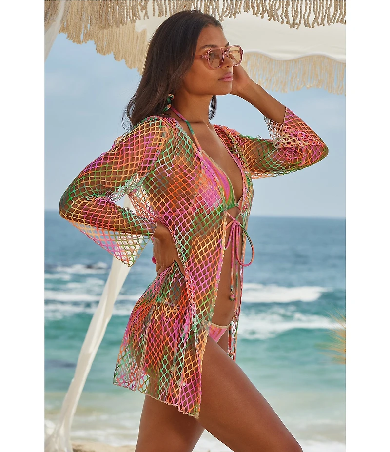 Becca By Rebecca Virtue Mirage Fishnet Flare Sleeve Tunic Swim Cover-Up
