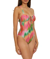 Becca By Rebecca Virtue Mirage Metallic Sweetheart Neck Lace-Up Bandeau One Piece Swimsuit