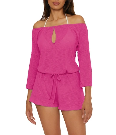 Becca By Rebecca Virtue Modern Edge Cassidy Ribbed Knit Off-The-Shoulder Romper Swim Cover-Up