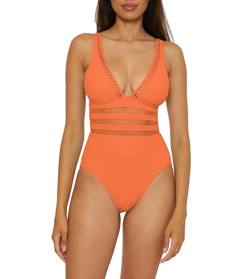 Becca By Rebecca Virtue Modern Edge Toni Fine Ribbed Texture Plunge Neck One Piece Swimsuit