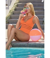 Becca By Rebecca Virtue Modern Edge Toni Fine Ribbed Texture Plunge Neck One Piece Swimsuit