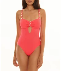 Becca By Rebecca Virtue Rib Textured Two Tone Braid Bandeau One Piece Swimsuit