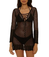 Becca By Rebecca Virtue Weave Crochet Lace-Up Tunic Swim Cover-Up