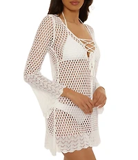 Becca By Rebecca Virtue Weave Crochet Lace-Up Tunic Swim Cover-Up