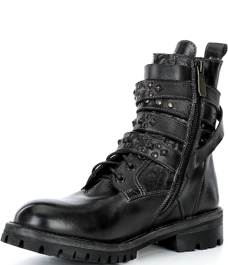 Bed Stu Grab Studded Leather Triple Buckle Moto Boots