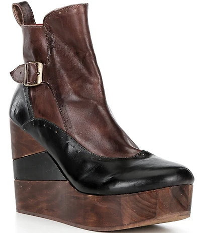 Bed Stu Harmonious Leather Colorblock Buckle Wood Wedge Booties