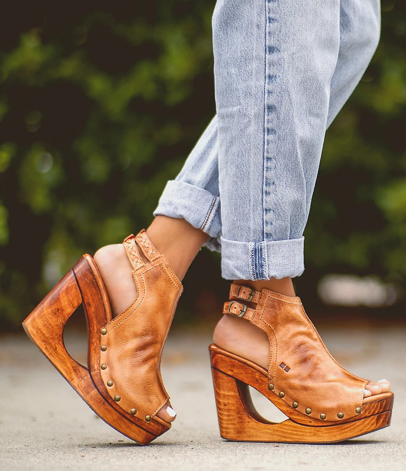 Bed Stu Imelda Leather Platform Cut-Out Wedge Peep Toe Pumps