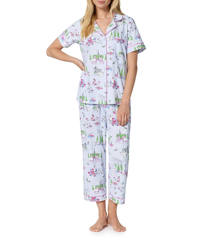 BedHead Belle Vie Print Short Sleeve Notch Collar Jersey Knit Organic Cotton Cropped Pajama Set