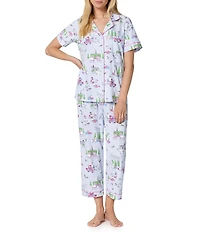 BedHead Belle Vie Print Short Sleeve Notch Collar Jersey Knit Organic Cotton Cropped Pajama Set