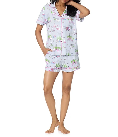 BedHead Belle Vie Print Short Sleeve Notch Collar Jersey Knit Organic Cotton Shorty Pajama Set