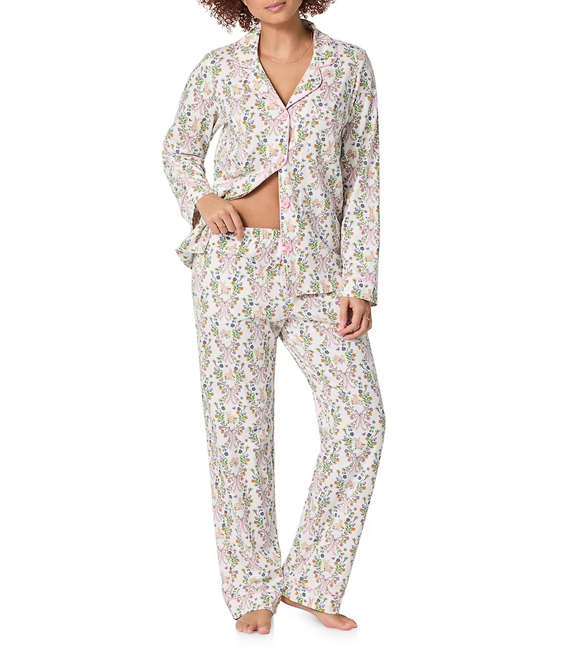 Bedhead Bunny Blooms Print Organic Cotton Blend Long Sleeve Notch Collar Knit Long Pajama Set