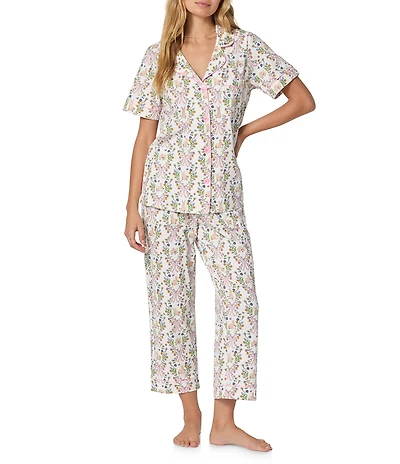 Bedhead Bunny Blooms Print Organic Cotton Blend Short Sleeve Notch Collar Cotton Knit Cropped Pajama Set